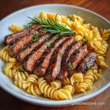 Beef Steak and Pasta in 20 Minutes: Creamy Garlic Tortellini Recipe Card