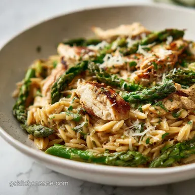 Creamy Parmesan Orzo with Chicken and Asparagus | Velvety Sauce Recipe Card