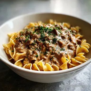 Ground Beef Stroganoff in 30 Minutes Recipe Card