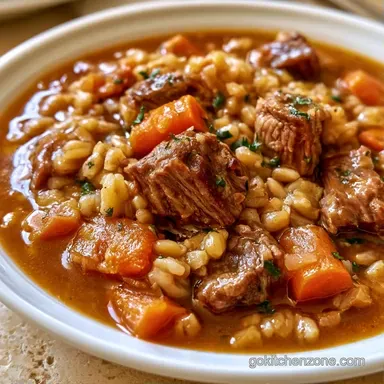 Slow Cooker Beef Barley Soup with Potatoes Recipe Card
