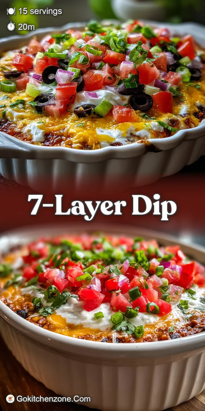 Close-up reveals the layers of a festive 7-layer dip with creamy textures and bright colors; inviting and party-ready.