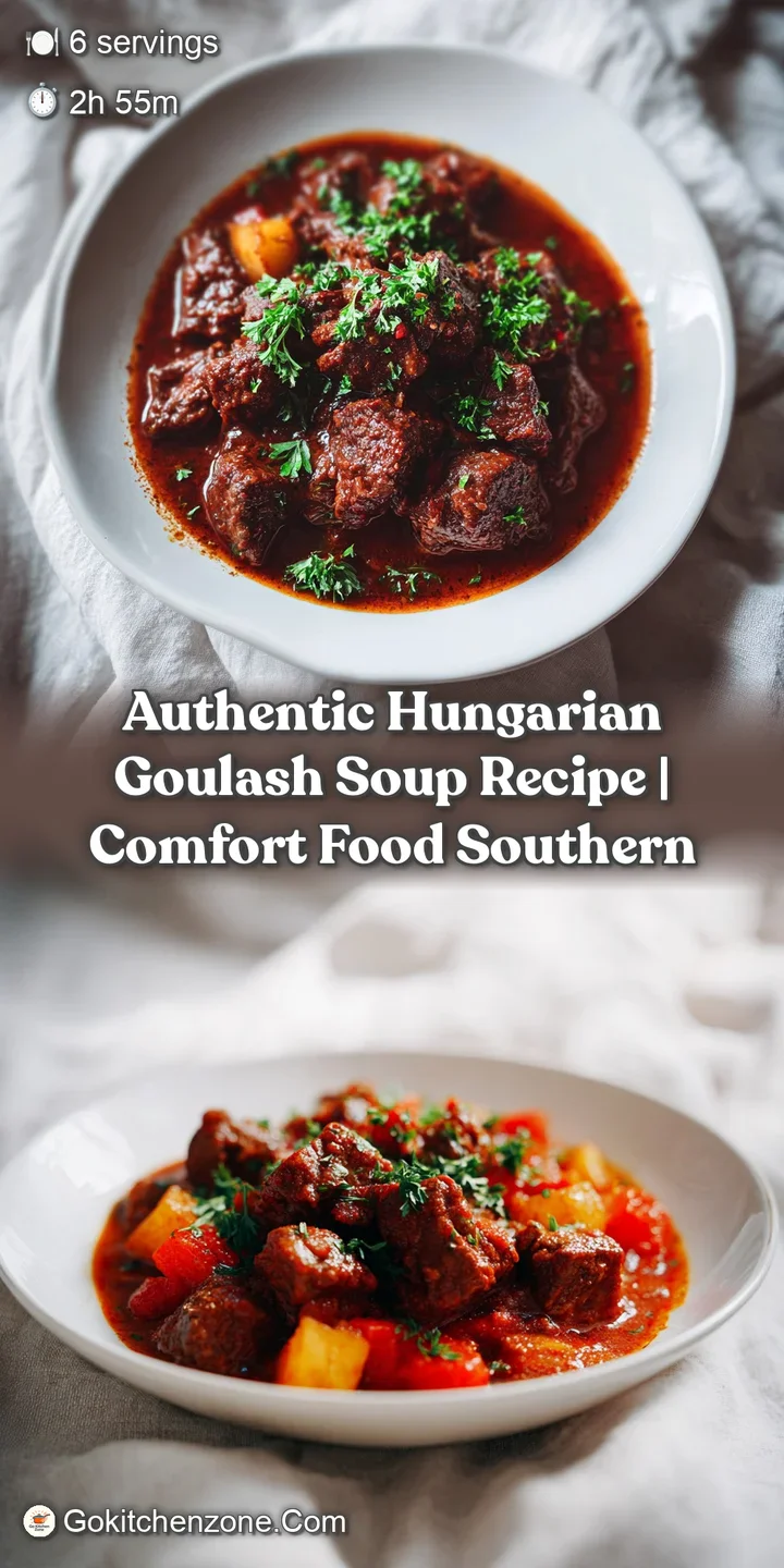 Close-up of flavorful goulash with tender beef chunks and soft potatoes. A swirl of sour cream adds a tangy, creamy contrast.