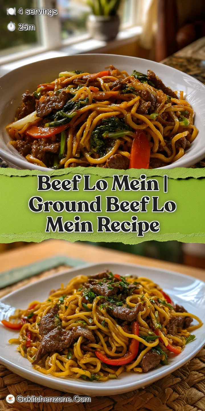 Close-up of shiny lo mein noodles with juicy beef, bright peppers, and crisp green onions in a savory brown sauce; appetiz...