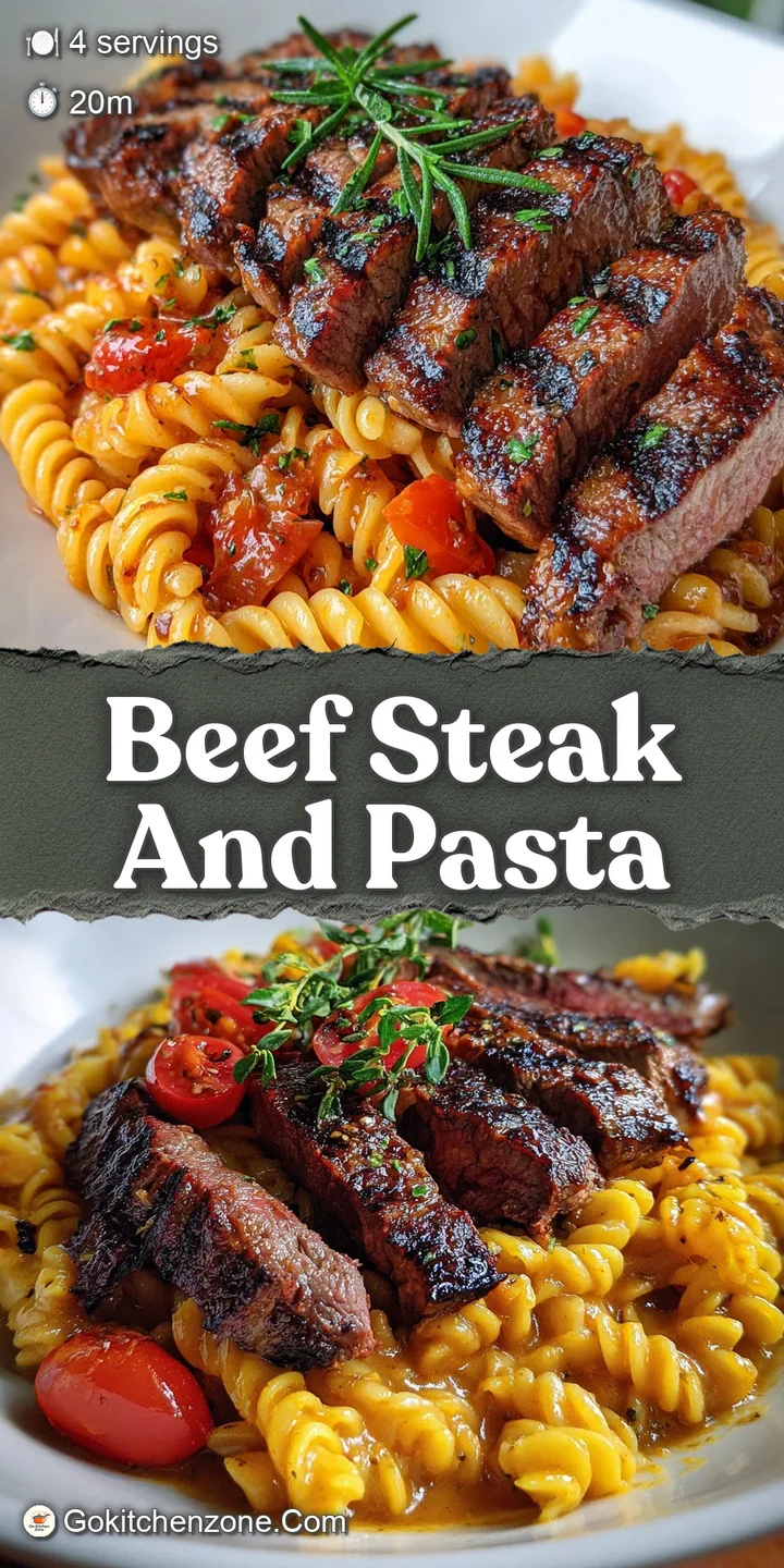 Creamy garlic tortellini and sliced steak close-up. The rich sauce coats each piece for an irresistible, savory bite. Herb...