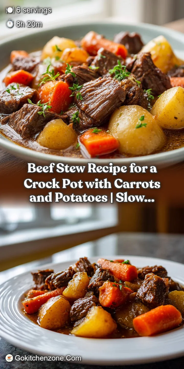 Close-up of slow-cooked beef stew, succulent meat, vibrant orange carrots, and soft potatoes in rich gravy.