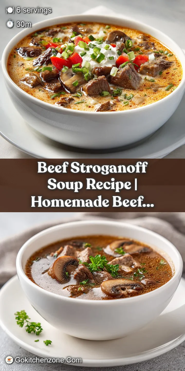 Close-up captures the creamy swirls and browned meat of stroganoff soup. A vibrant, delicious, and appealing view.