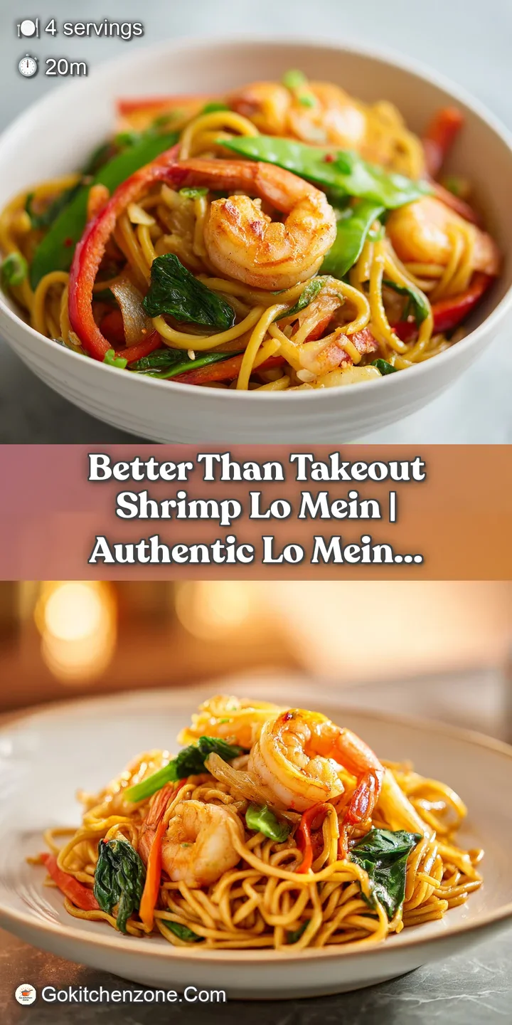 Close-up of tender lo mein noodles shimmering with savory sauce, studded with plump, perfectly cooked shrimp and crisp gre...