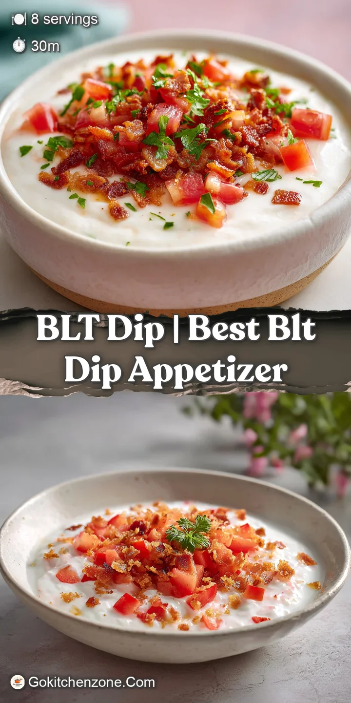 Extreme close-up of a creamy white dip with glistening red tomato chunks and salty, golden-brown bacon pieces.