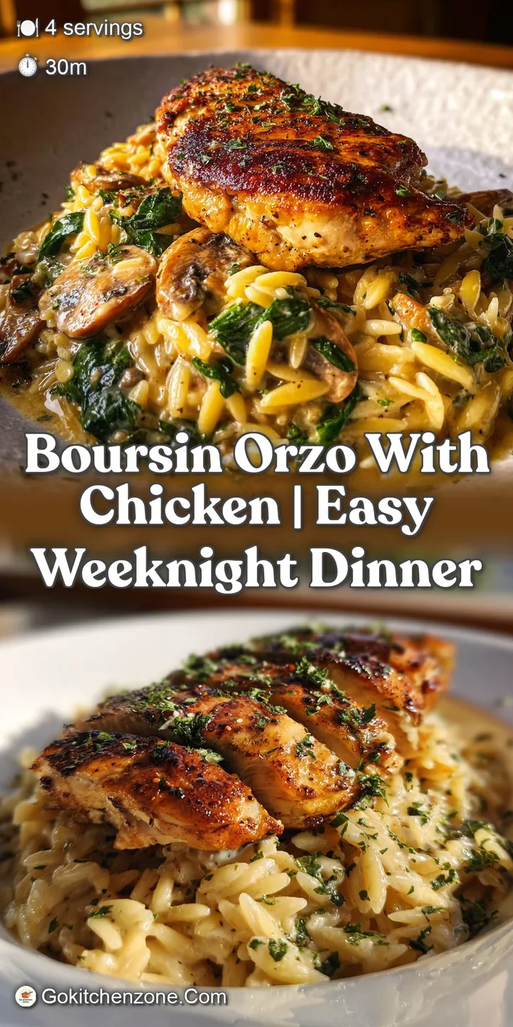 Close-up of creamy orzo pasta, flecked with herbs and nestled with bites of golden, pan-seared chicken.