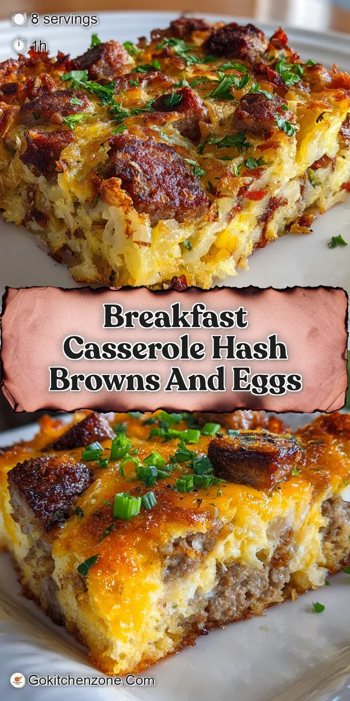 Close-up of bubbly, golden hash brown casserole. Cheese pull, crisp edges, inviting texture, hints of herbs. A hearty brea...