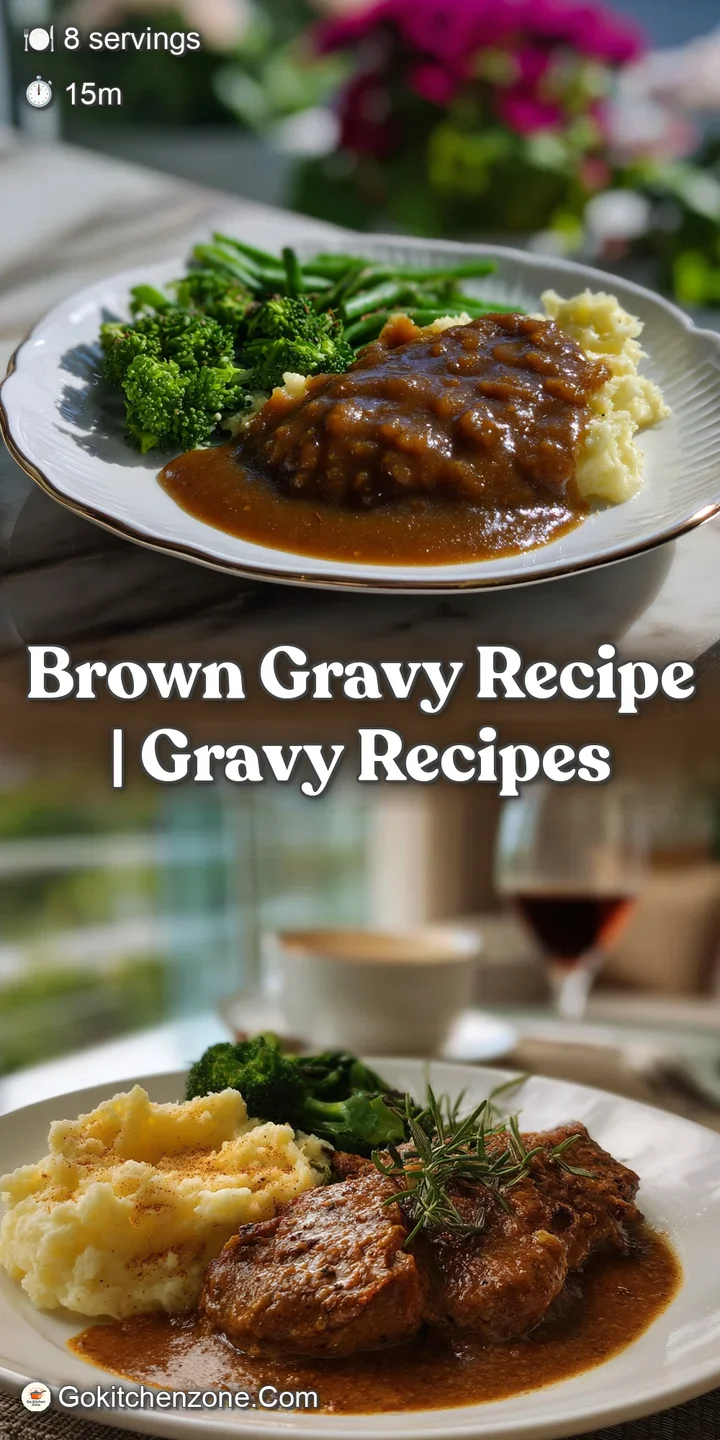 Close-up of thick, savory brown gravy, swirling with steam. Deep, glossy color and speckled with herbs, promising a delici...