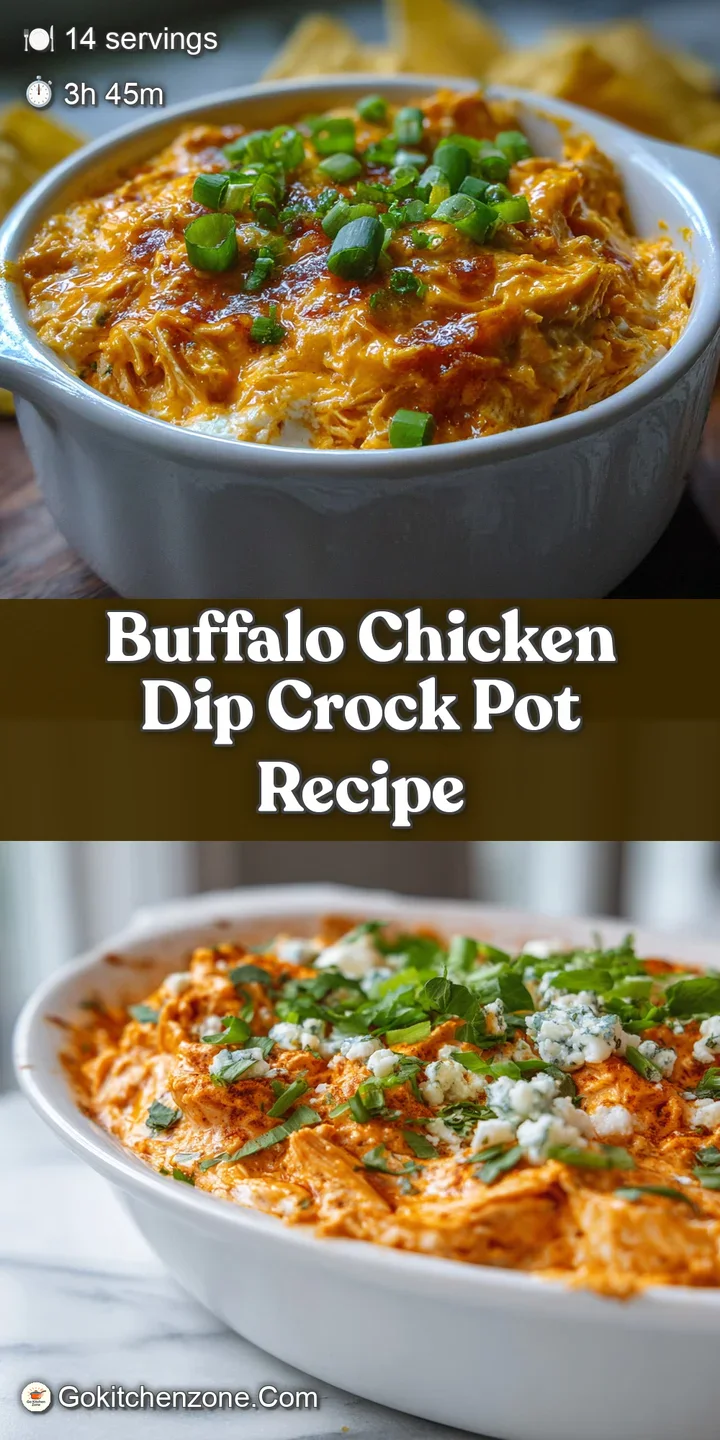 Close-up of creamy, cheesy buffalo chicken dip with visible strands of shredded chicken and vibrant red hot sauce swirls; ...