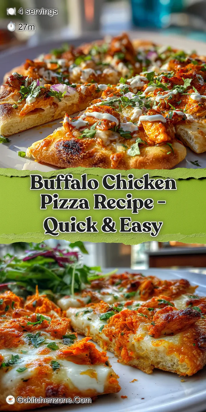 Close-up of buffalo chicken pizza showing the melted cheese, spicy buffalo sauce, and tender chicken atop a golden crust.