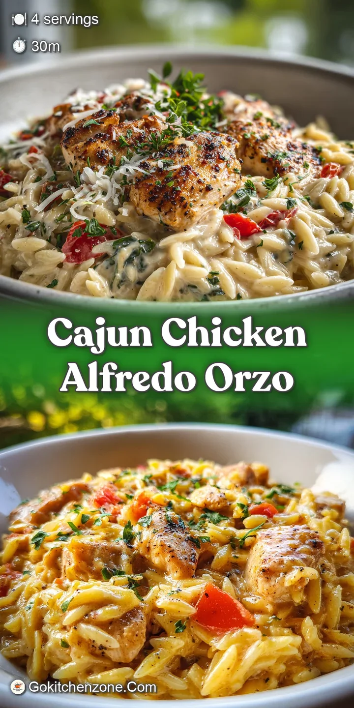 Close-up reveals tender chicken pieces and creamy orzo glistening with sauce. Hints of herbs and spice add visual dimension.