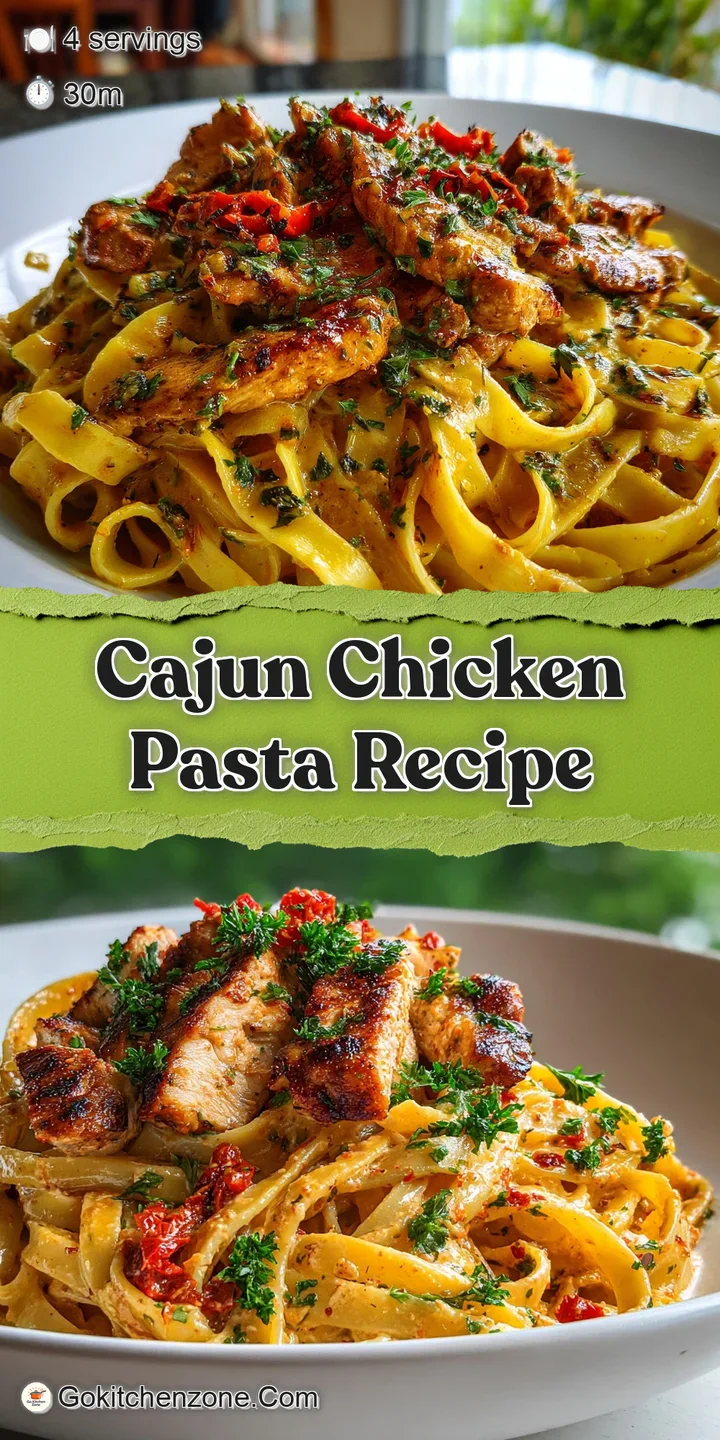 Close-up of Cajun chicken pasta: tender chicken slices, vibrant peppers, and creamy sauce clinging to twirled pasta strands.