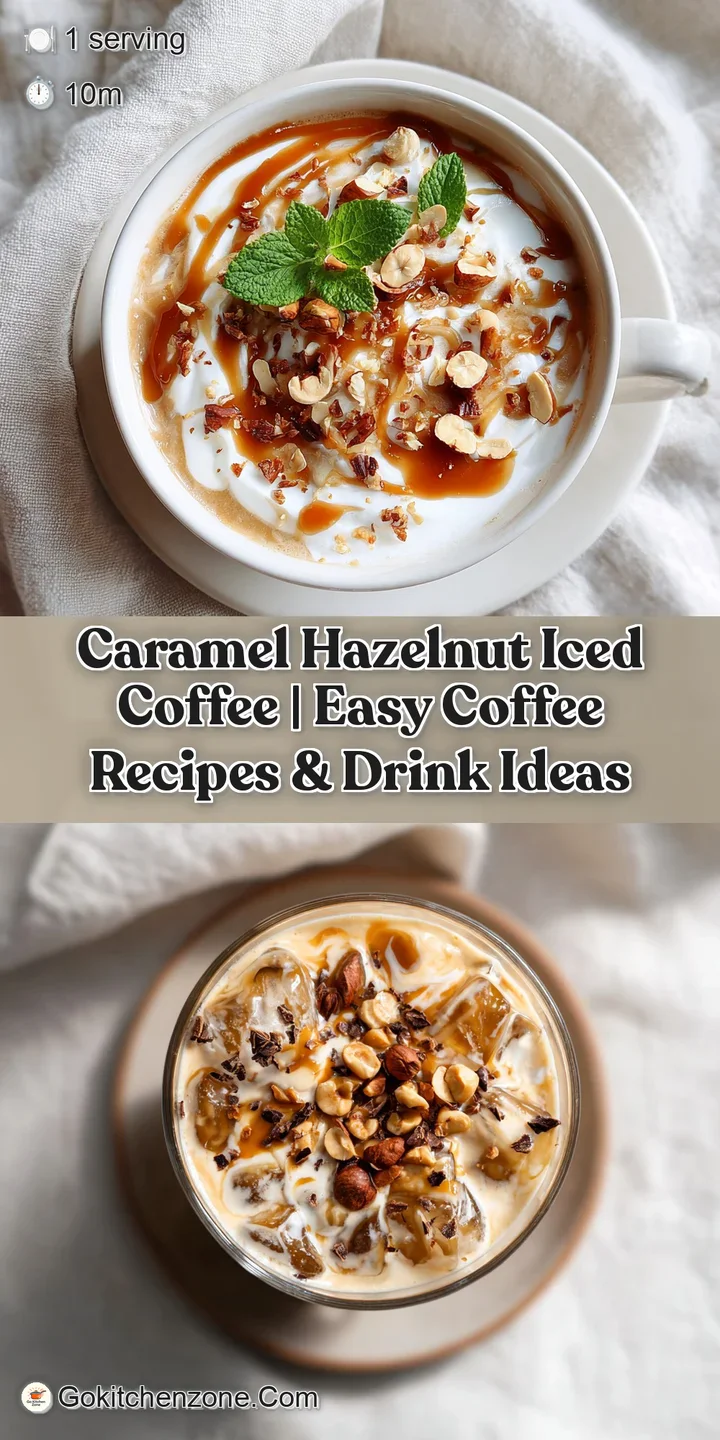 Close-up of velvety iced coffee with cascading caramel sauce and crunchy hazelnut pieces.