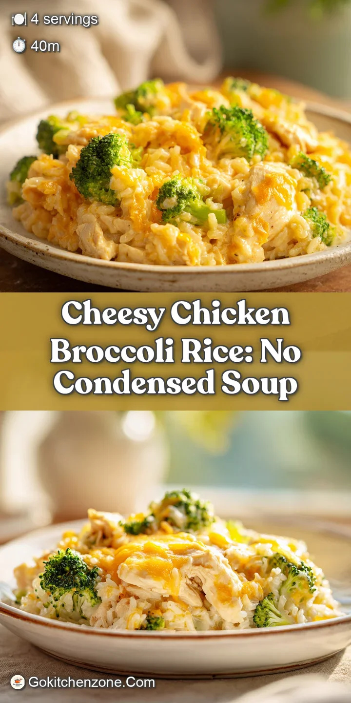 Appetizing close-up of creamy chicken broccoli rice; melted cheese stretches with steam, hinting at a savory, comforting f...