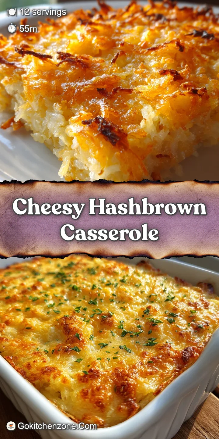 Close-up shot of a cheesy hashbrown casserole; note the creamy, melty cheese and crispy, golden-brown potato strands for a...