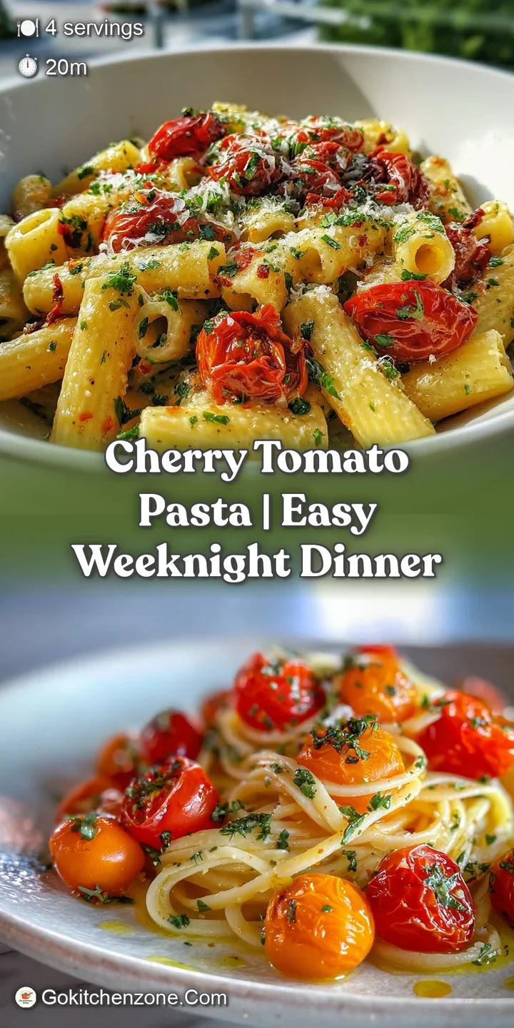 Close-up of juicy, burst cherry tomatoes clinging to silky pasta strands. The garlic is golden and fragrant. Shiny, appeti...
