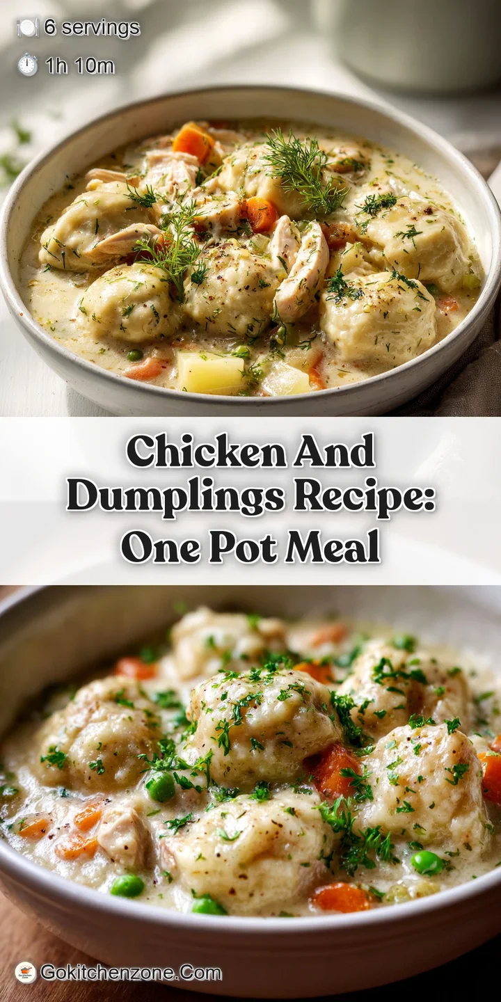 Close-up of tender chicken and plump, soft dumplings simmering in a luscious, creamy sauce. Hints of thyme and golden brot...