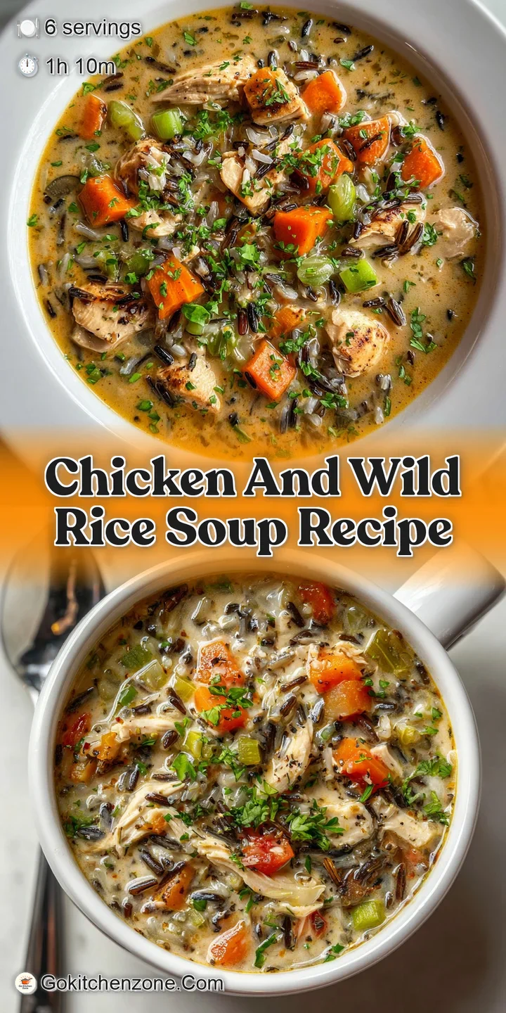 Close-up of creamy chicken and wild rice soup showcasing tender chicken pieces and plump grains. A comforting, hearty text...