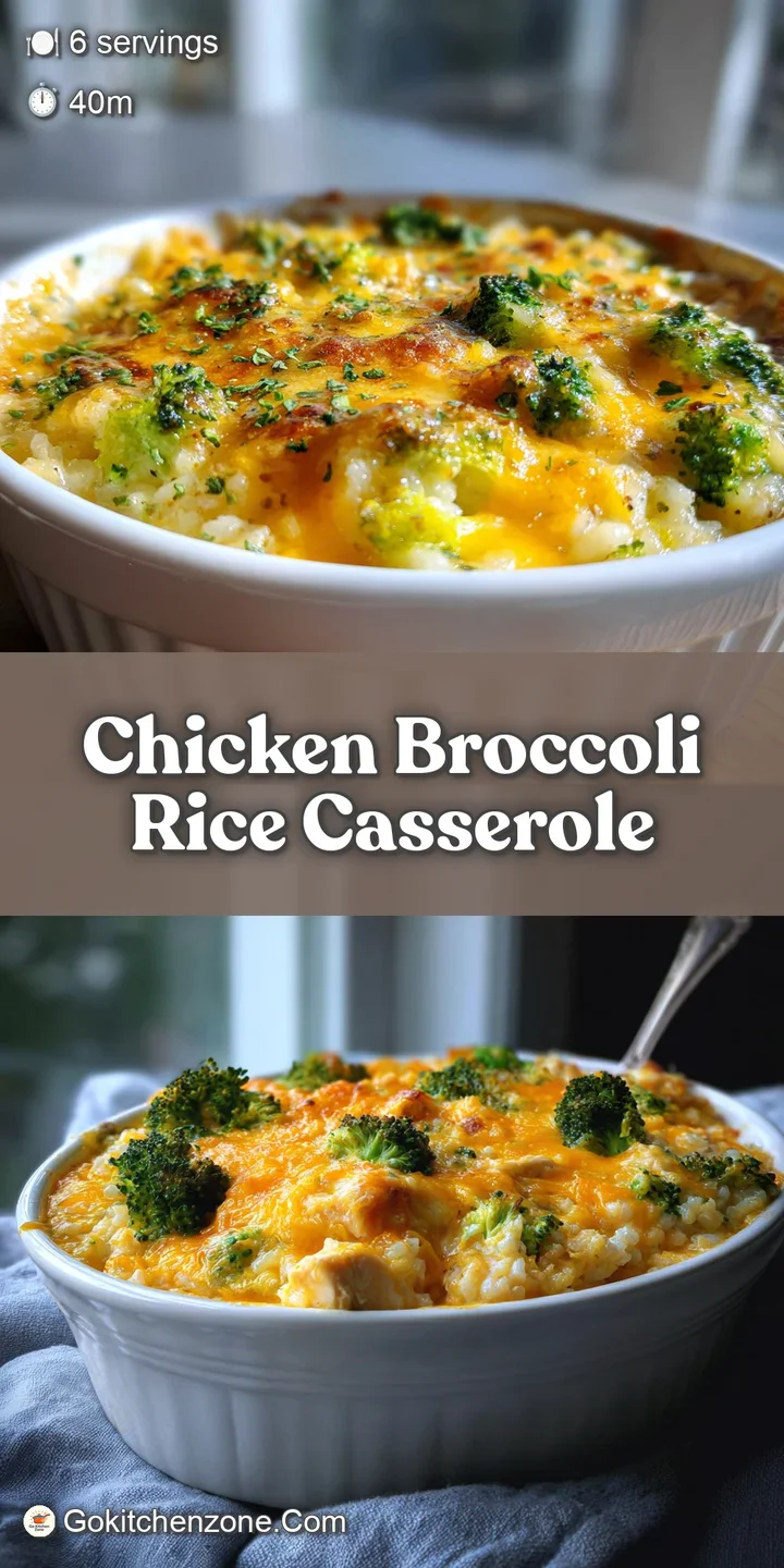 Close-up of creamy chicken and rice casserole with juicy chicken chunks and bright green broccoli. Crusty golden topping, ...
