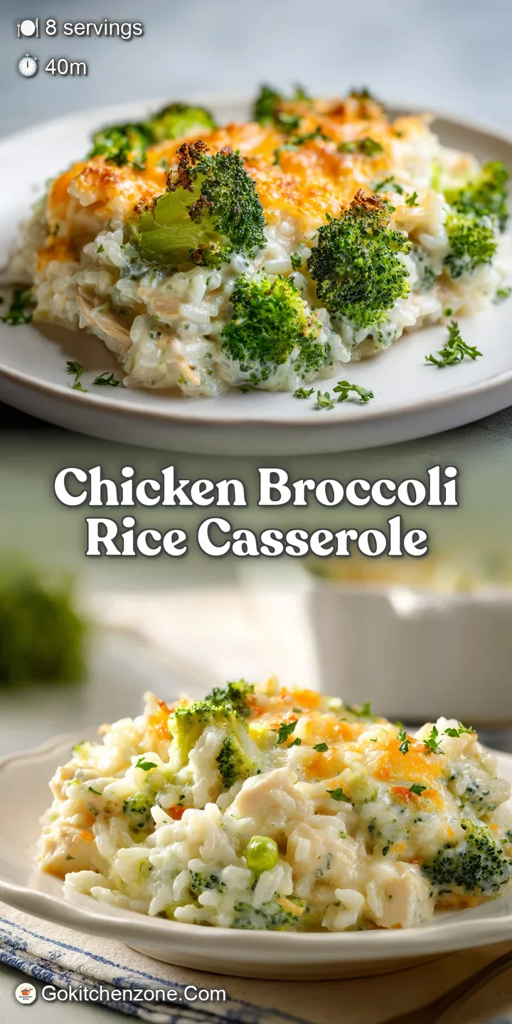 Close-up of bubbling hot casserole with chicken, rice, and vibrant green broccoli. Cheesy, golden crust makes it irresisti...