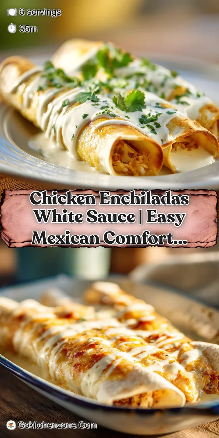 Close-up of tender shredded chicken enchiladas, covered in a rich, creamy sauce with melted cheese.