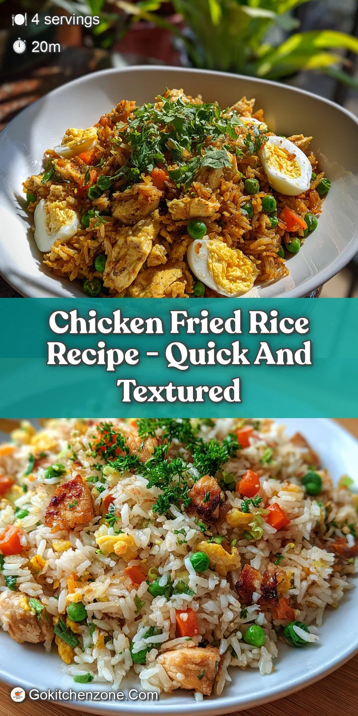 Close-up of flavorful chicken fried rice. Glistening sauce coats each grain, studded with colorful vegetables and diced ch...