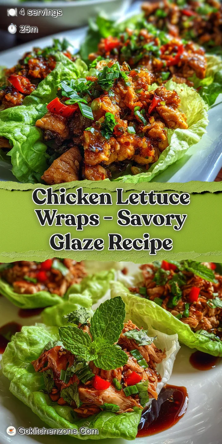 Close-up: juicy, browned chicken with a light glistening sauce. Fresh crisp lettuce shows vibrant green, with bright diced...