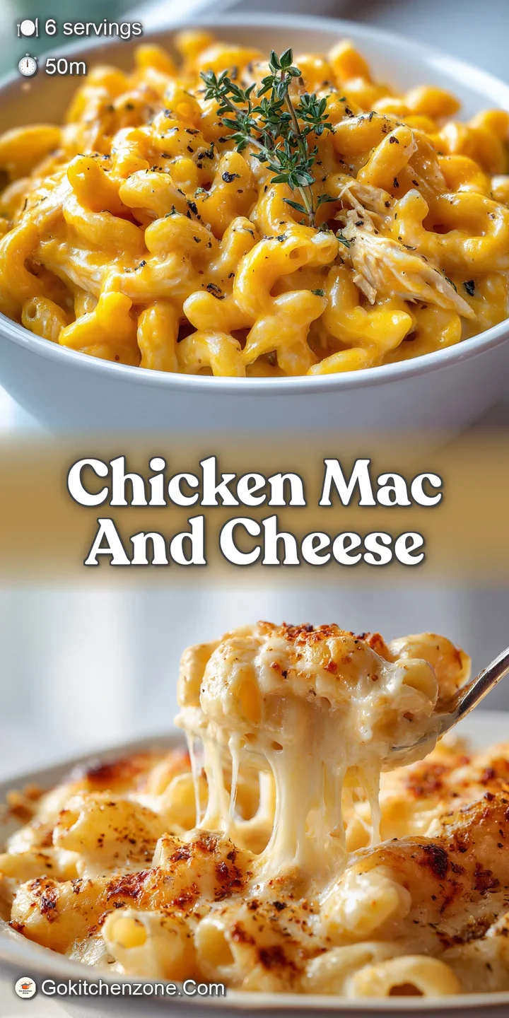 Close-up of a spoonful of rich, creamy mac and cheese with tender chicken pieces and melted cheddar.
