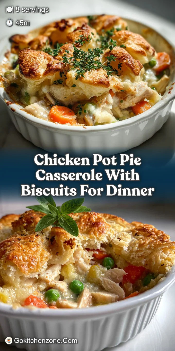 Close-up of golden biscuit, slightly browned, atop creamy chicken filling dotted with peas and carrots. Delicious comfort...