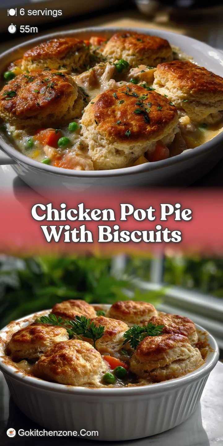 Close-up of a flaky, golden biscuit crust atop creamy chicken pot pie, revealing tender chicken and colorful vegetables in...