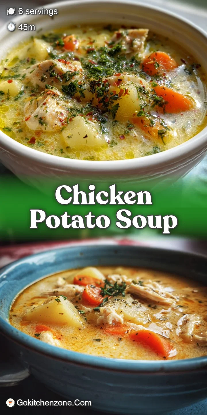 Close-up of chicken potato soup; steam rises from the bowl, highlighting the tender chicken and soft diced potatoes in the...