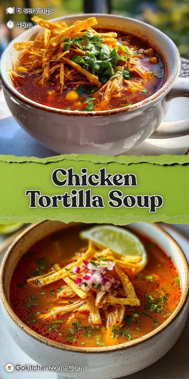 Close-up of chicken tortilla soup reveals rich, textured broth, bits of tender chicken, and colorful flecks of herbs and s...