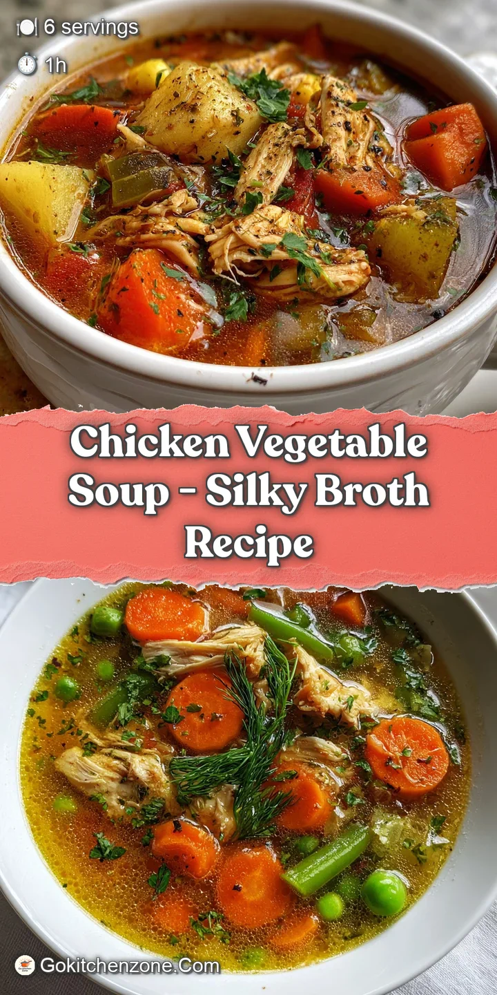 Close-up of tender chicken and colorful vegetables swimming in a glistening broth, showcasing the soup's freshness and dep...