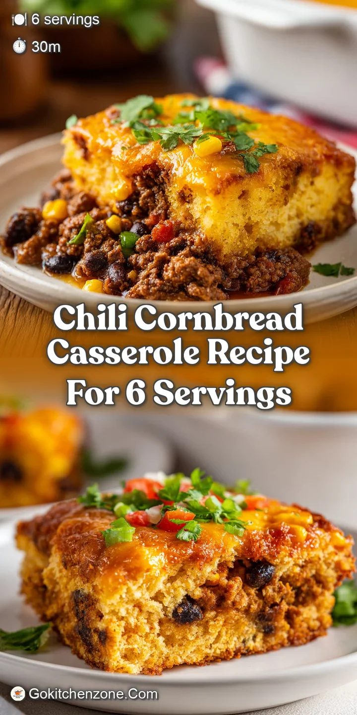 Close-up of chili cornbread casserole: moist cornbread with flecks of green herbs sits atop a vibrant, meaty chili base.