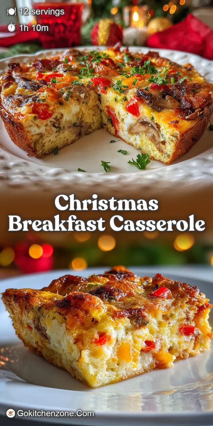 Close-up of a Christmas breakfast casserole: bubbly cheese, browned bread edges, and vibrant green onions create an inviti...