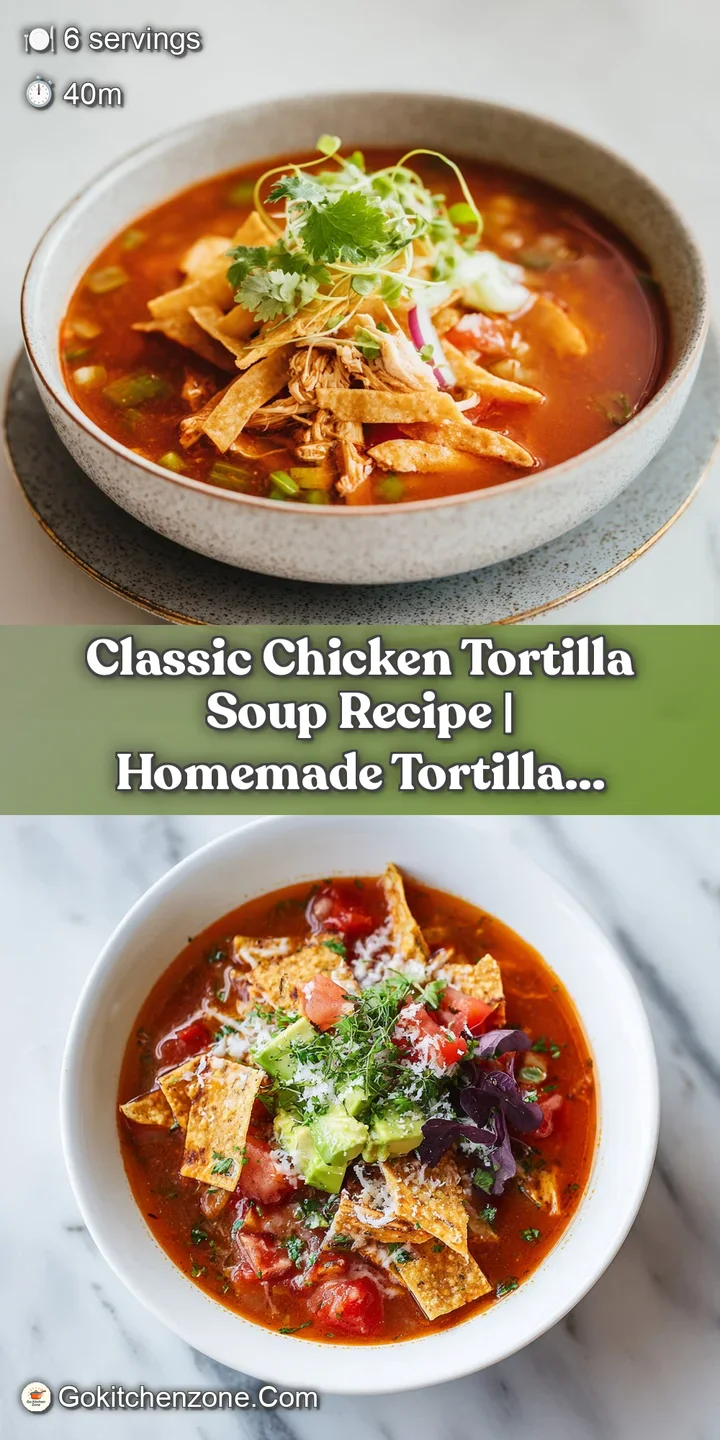 Close-up of chicken tortilla soup showing layers of texture: shredded chicken, smooth avocado, crunchy tortilla strips, an...