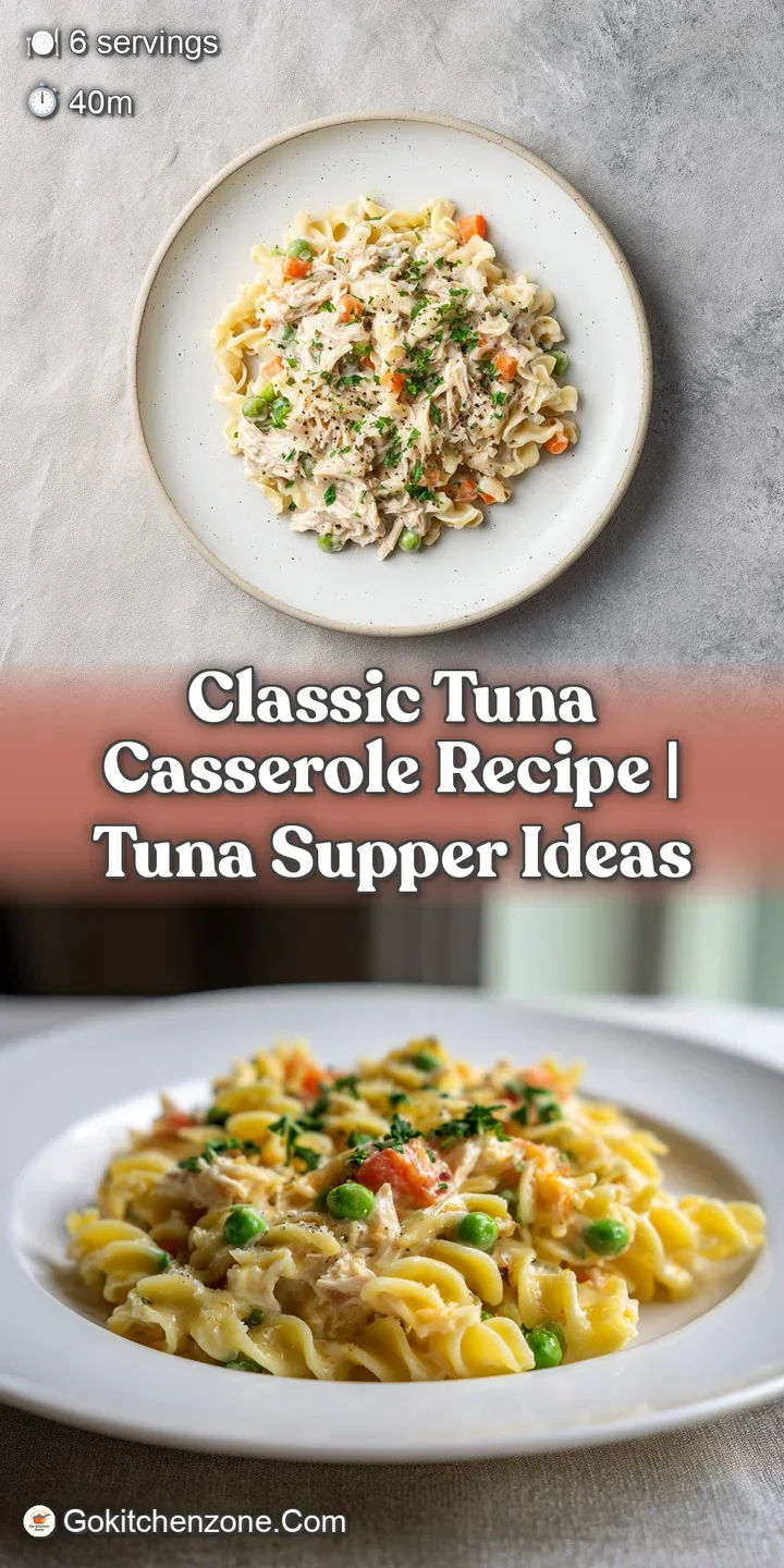 Close-up of tuna casserole showing flaky tuna, creamy sauce and golden-brown crispy topping. A warm and inviting comfort f...