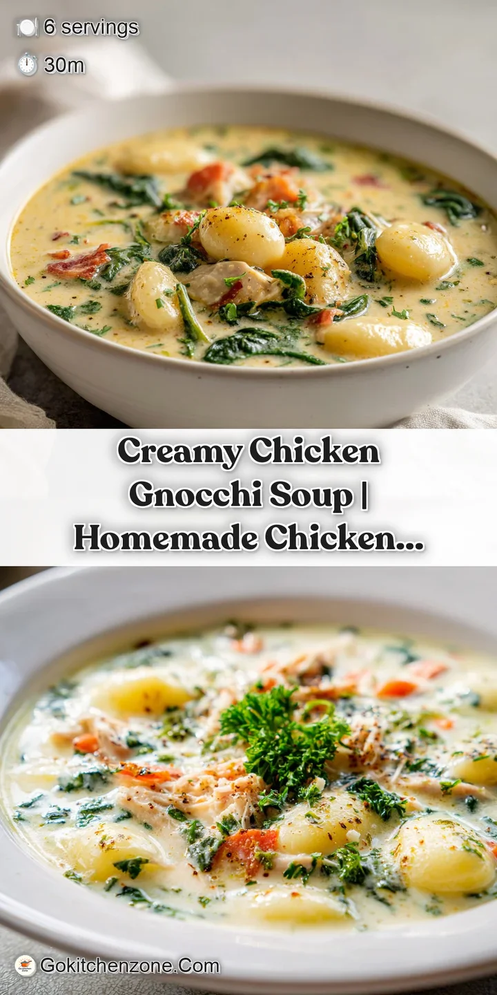 Close-up of fluffy gnocchi bobbing in a velvety, pale gold soup with visible chicken pieces.