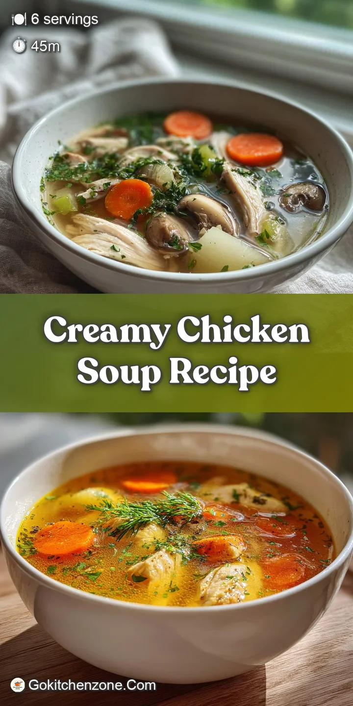 Close-up of creamy chicken soup, highlighting tender chicken pieces and soft carrots in a thick, savory broth. Steaming hot.