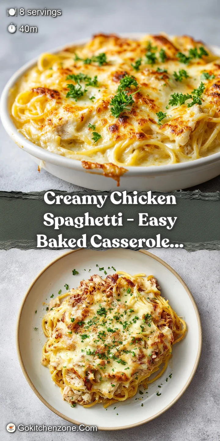 Close-up of creamy chicken spaghetti, highlighting tender pasta coated in a rich sauce with savory chicken pieces.