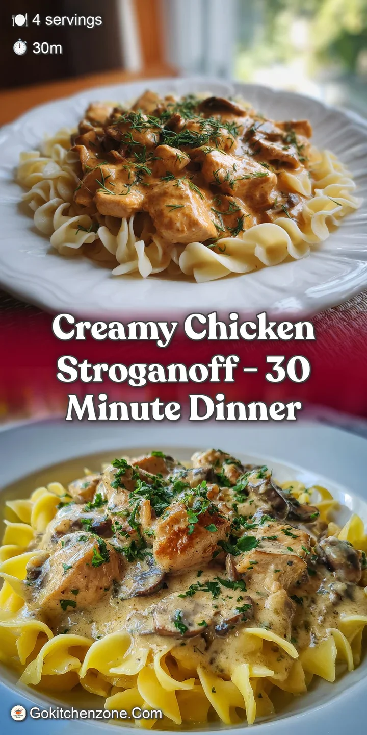 Close-up of creamy chicken stroganoff showcasing tender chicken pieces and a rich, glossy sauce with specks of herbs and s...
