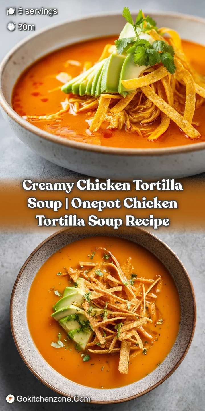 Close-up of melted cheese and crispy golden tortilla strips floating in a thick, savory orange-hued cream broth.