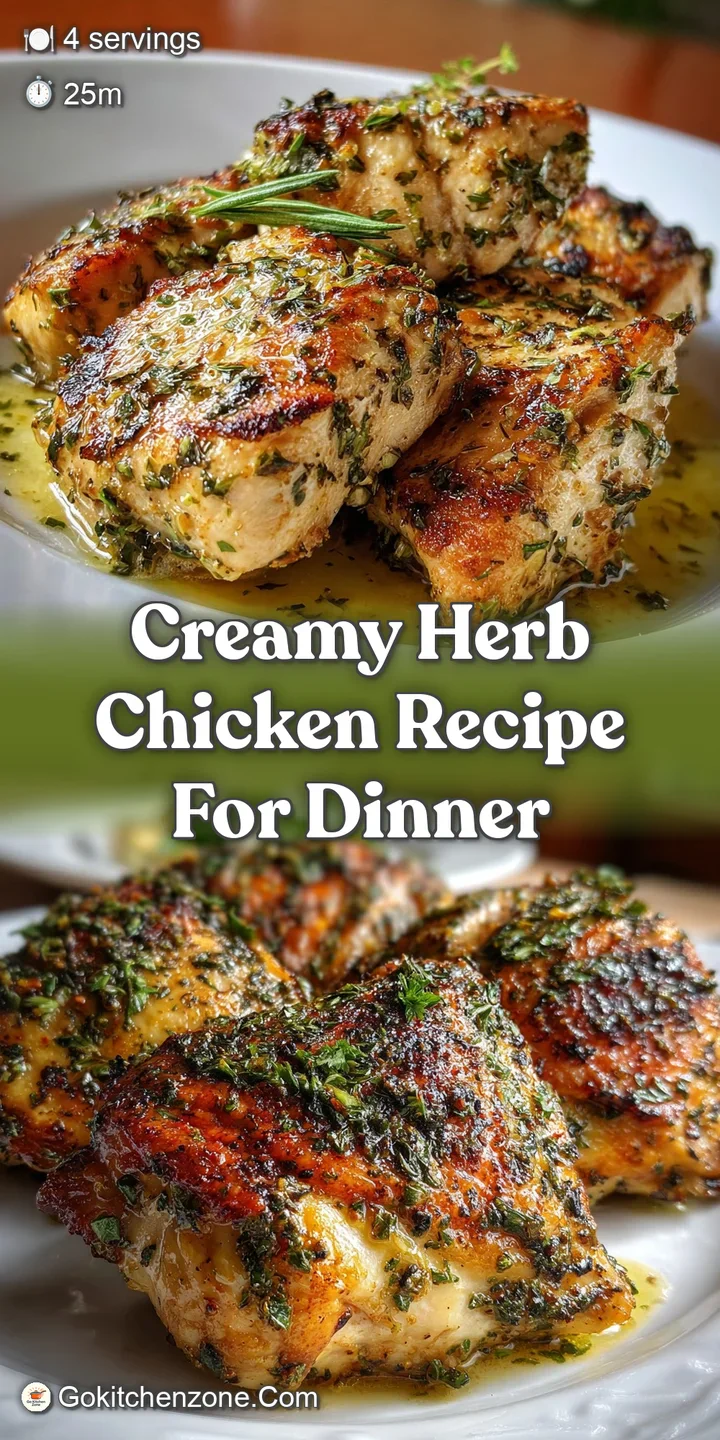 Close-up of creamy herb chicken showing tender, juicy meat, vibrant herbs, and a rich, glistening sauce.