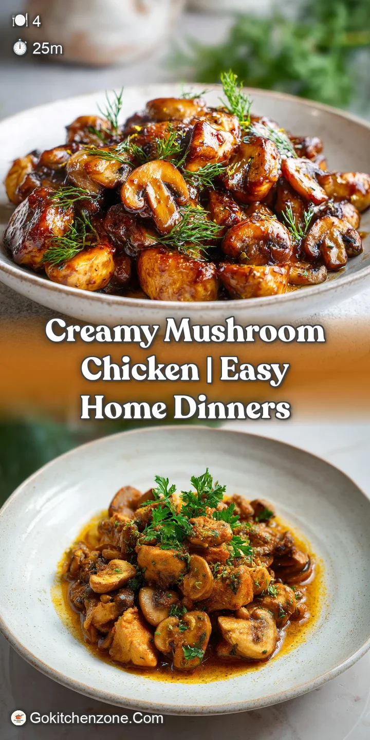 Close-up of succulent pan-seared chicken bites coated in a luscious, velvety mushroom cream sauce.