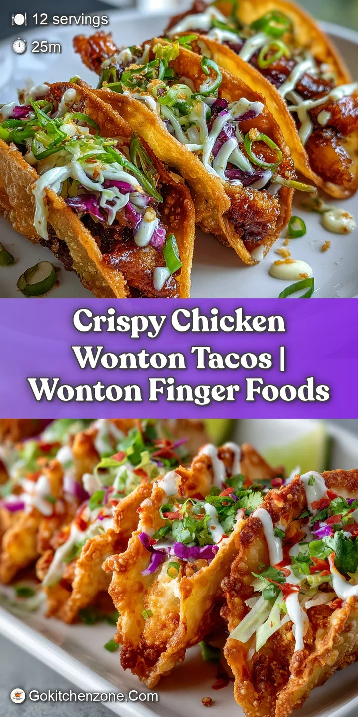 Close-up of a crispy, golden wonton taco overflowing with tender chicken and a colorful mix of crunchy, fresh slaw and sauce.