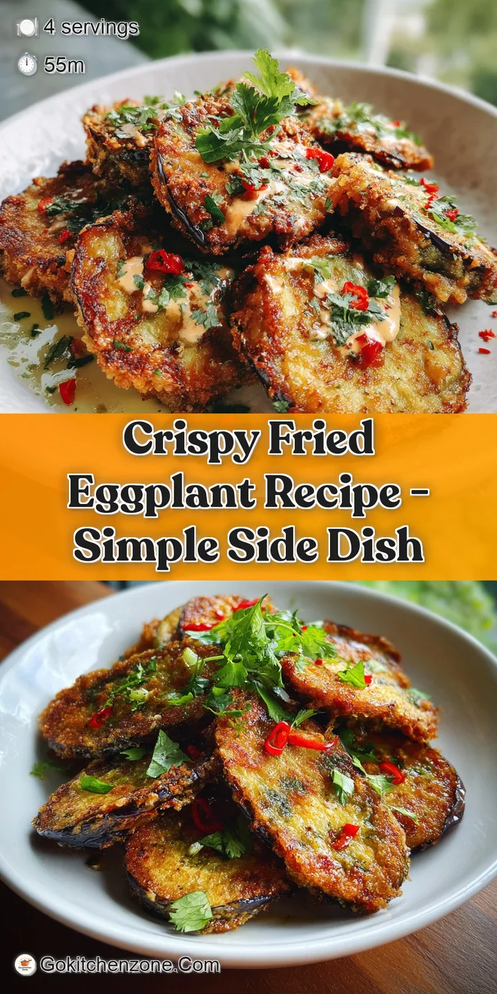 Close-up of fried eggplant; crunchy texture with slightly oily sheen and herbs visible. Golden color with hints of dark br...