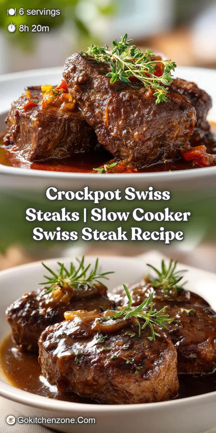 Close-up of fork-tender Swiss steak glistening with rich gravy, hinting at savory, slow-cooked flavor and warm textures.